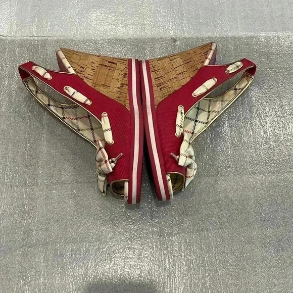 [8B]Coach Twirlino Twirling Open Toe Cork Wedges Bow  Detail Pink Plaid - Picture 8 of 10